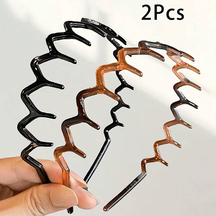 2 Women's Long-Toothed Headbands | Plastic Non-Slip Face Washing Headbands, Retro Minimalist Style, Solid Color Hair Accessories - 2Pcs髮箍 - 查看 1