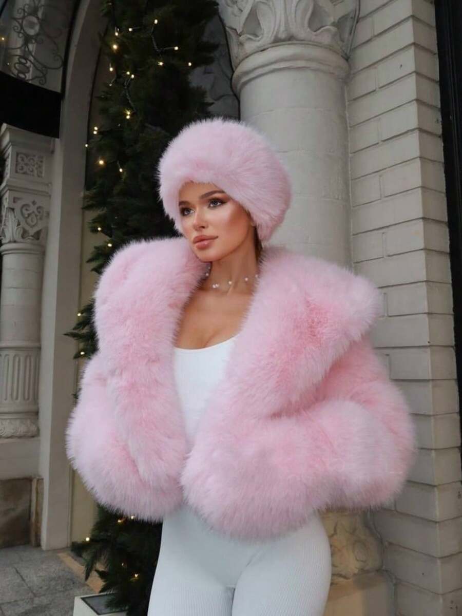 Women's Valentine Pink Faux Fur Coat Winter Hooded Fox Fleece Plush Warm Jacket - Hồng - Xem 1