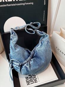 High-Quality Plaid Drawstring Dumpling Bag, Multifunctional Daily Commute Shoulder Crossbody Bag, Fashionable & Distinctive Design - Blue - View 7