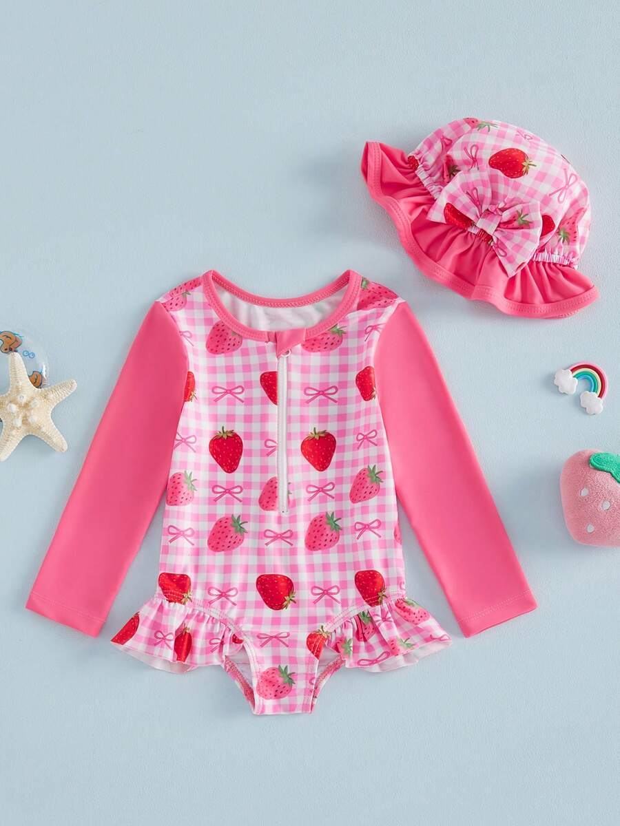 Traje de baño de 2 piezas para niña pequeña, bonito y moderno mono a cuadros de manga larga con gorro - Rosa - Ver 1