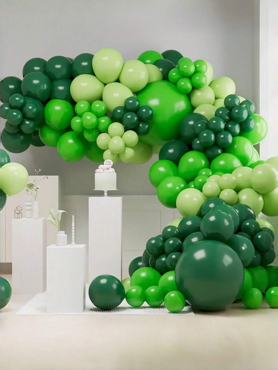 64/109件套绿色气球拱门套装，包含18/10/5英寸深绿色和浅绿色乳胶气球，适用于生日派对、婚礼庆典、背景墙装饰、室内/室外装饰套装、毕业典礼、儿童派对和丛林主题派对装饰。 - 彩色 - 查看 1