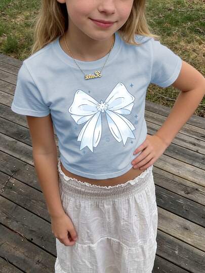 Tween Girls Students Casual Printed White Crew Neck Short Sleeve T-Shirt, Summer Top