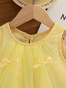 女婴蝴蝶结薄纱连衣裙，轻盈优雅无袖公主裙，夏季 - 黃色 - 查看 3