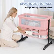 3-In-1 Baby Crib, Baby Bed,Baby Bassinet,Boasting Effortless Smooth-Gliding Wheels, Height-Adjustable Frame, Gentle Rocking Motion, Breathable Mesh Panels For Optimal Airflow,Bedside Bed For Babies,Essential Goodies For Growing Kids, Baby Need,Baby Stuff, Essential For New Mothers,Newborn Gift - 粉色 - 查看 5