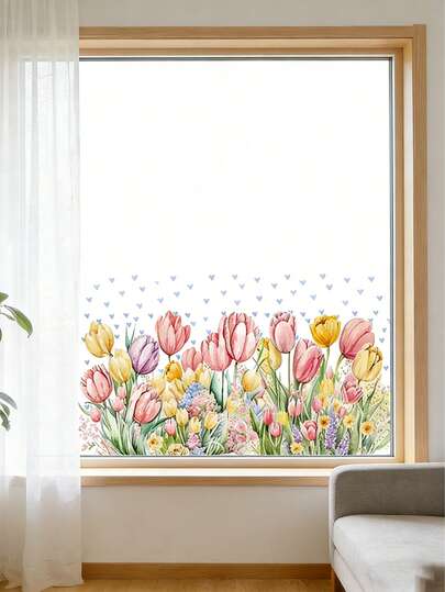 1pc Flowers Tulips Hearts Cling Window & Wall Stickers,Vibrant Self-Adhesive Wall,For Home Living Room Bedroom Storefront,Window Murals DIY,Flower Decor Colorful Design Removable For Easy ,Valentine's Day Gift
