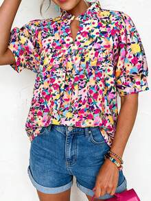 Acelitt Multicolor Floral Print Frilled Collar Split V Neck Puff Half Sleeve Summer Blouse Vacation - Multicolor - View 3
