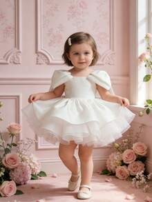 女婴可爱白色蝴蝶结吊带薄纱公主裙，适合生日派对、聚会、圣诞节、婚礼、花童等场合