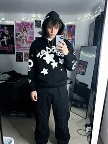 1pcs-Spider Wed Fashion Hip-Hop Printed Flower Hooide European And American Brand Large-Sized Loose Men's And Women's Hooded-280g Pure Heavy 100%Polyester - Black - View 2