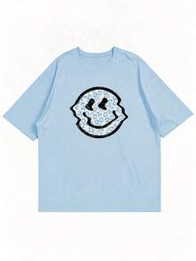 Men's Casual Smiling Face Print Short Sleeve T-Shirt, Comfortable & Breathable, For Summer - Baby Blue - View 4