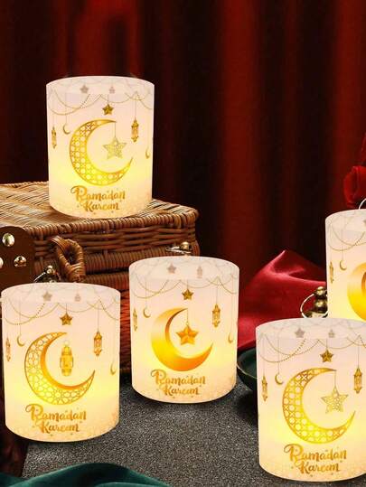 6 Pieces Of Platinum Ramadan Kareem Lampshade (Without Candles And Lighting Fixtures), Eid Moon Star Pattern, Ramadan Lantern Design Candle Cover, Ramadan Party Table Decoration, Eid Al Adha Mubarak, Ramadan Mubarak, Ramadan Decoration