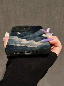 1pc Minimalist Artistic Ins Style Romantic Starry Sky Cloud Moon Pattern Black Cat Eye Full Coverage Soft Phone Case Compatible With IPhone 11/12/13/14/15/16/17 Pro Max - Multicolor - View 4
