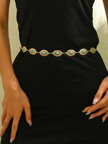 1件波西米亚风格镂空花卉图案镶嵌绿松石合金腰链，高端复古时尚优雅小众设计，适合女性休闲、约会、派对、度假及任何场合佩戴。 - 金色+藍色 - 查看 5