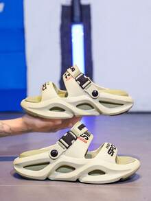 Men's Summer Letter Print Non-Slip Casual Slippers, EVA Lace-Up Hollow Breathable House, Beach, Water Shoes, Unisex Couple Styles - Green - View 4