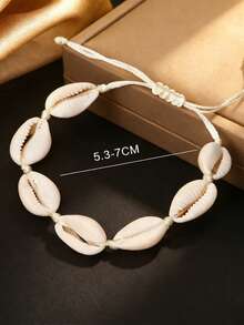 1条波西米亚风贝壳手链，手工编织可调节手链 - 白色 - 查看 4