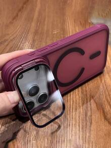 奢华镜头框支架磁吸手机壳，兼容 17 Pro Max、17、16、15、14 Plus、13、12 Pro Max、11，支持无线充电，防震装甲保护壳，带镜头玻璃 - 酒紅色 - 查看 6