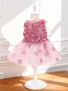 LUCKIE LABO 1pc Bling Bling Sequin Heart & Rose Floral Pattern Pet Dress, Comfortable & Breathable, Suitable For Small Dogs & Cats, Wedding, Valentine's Day, Birthday Party - Pink - View 1