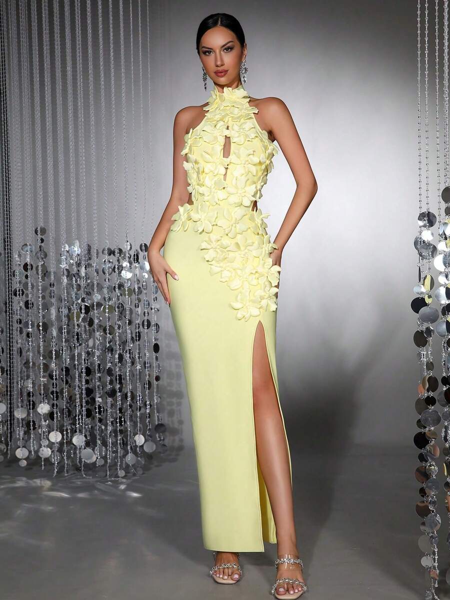 新款时尚3D立体花卉性感立领无袖镂空露背高开衩长裙，优雅女士正式晚礼服、婚礼宾客礼服、节日派对礼服 - 黃色 - 查看 1