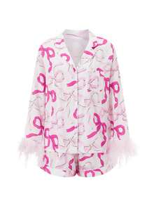 Conjunto de verano para mujer, con mangas 3/4, solapa, botones, camisa con estampado de lazo/corazón, pantalones cortos, ropa de dormir - Rosa - Ver 1