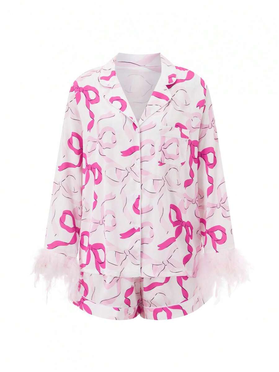 Conjunto de verano para mujer, con mangas 3/4, solapa, botones, camisa con estampado de lazo/corazón, pantalones cortos, ropa de dormir - Rosa - Ver 1