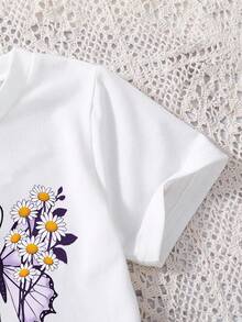 Young Girl Butterfly Print Short Sleeve Top And Belted Skirt Set - White - View 4