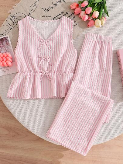 Left Mama Girls Casual Minimalist Pink Striped Bow Sleeveless Top And Straight Leg Pants Set, Summer