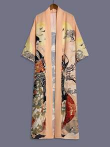 Kimono de estilo tradicional japonés con estampado de belleza, de manga 3/4 y longitud media como chaqueta fina, elegante y casual para uso en la calle, suelto, adecuado para la playa, viajes, vacaciones, ropa de estar en casa, bata, fiesta, bata de baño - Champán - Ver 4