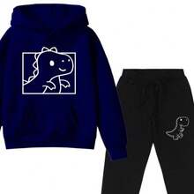 Children's Dinosaur Printed Sweatshirt And Sweatpants Set For School - Navy Blue - View 2