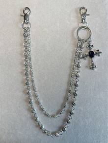 交叉裤链、钱包链、复古链、双层链、嘻哈朋克风、牛仔裤链、口袋链、男士钥匙链 - 古銀色 - 查看 10