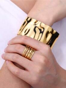 18K Gold Plated Stainless Steel Wide Face Concave-Convex Open Bangle Bracelet, Fashionable And Minimalist, Suitable For Women, Can Be Worn For Parties, Dates, And Office Occasions