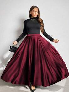 大码女式纯色高腰优雅缎面半身裙，休闲缎面质感带口袋长裙 - 紅色 - 查看 5