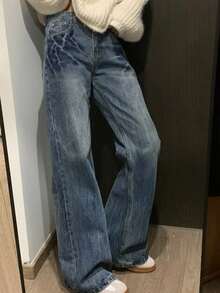 中腰休闲宽松直筒时尚女式牛仔裤 - 藍色 - 查看 1