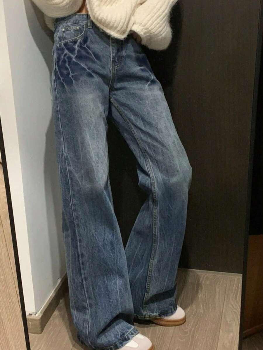 中腰休闲宽松直筒时尚女式牛仔裤 - 藍色 - 查看 1