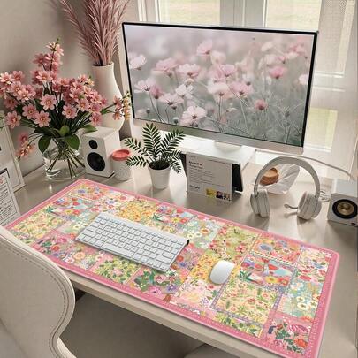 1pc Cute Pink Floral Desk Mat, Large Keyboard & Mouse Pad With Non-Slip Rubber Base, Waterproof Computer Desk Mat Suitable For Gaming And Office, Women Office & Gaming Desk Accessories, Keyboard & Mouse Pad With Non-Slip Bottom And Stitched Edges, Long Computer Desk Mat For Gaming And Office