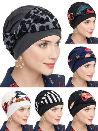 1 pieza Nuevo sombrero de pañuelo musulmán de moda, gorro de turbante impreso con giro para mujeres