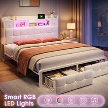 EnHomee Full/Queen/King Bed Frame With Hidden Storage Headboard & 4 Drawers Diamond-Tufted Upholstered Leather Platform Bed With LED Lights & Charging Station, White - 查看 3