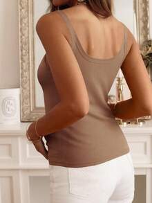Womens Ribbed Knit Scoop Neck Sleeveless Tank Top Cotton Wife Beater Camisole Shirts - Nâu nhạt - Xem 2