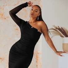 WOMEN BLACK ONE-SHOULDER DRESS WITH STONES ON THE FRONT - Black - View 3