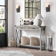 Mesa de entrada bohemia con cajones de ratán, consola para entrada, mesa auxiliar de madera de 109 cm con espacio de almacenamiento para sala de estar, pasillo y recibidor. - Gris - Ver 8