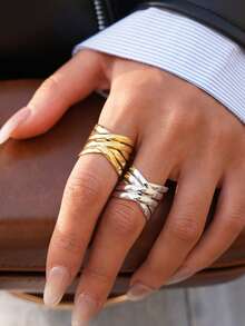 Frminee 2pcs/1pc Chunky Intersecting Gold-Plated Stainless Steel Ring With A Twisted, Stacked Design. A Women's Jewelry Ring Suitable For Everyday Wear And Special Occasions. - Multicolor - View 4
