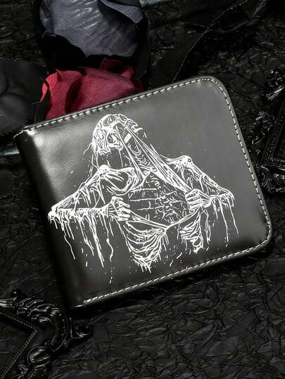 Black Pu Leather Wallet, Punk Style With Linear Skull Pattern, Casual And Versatile Bi-Fold Wallet/Card Holder, For Men & Women, Minimalist Card Holder Coin Purse With Cash Slot, Lightweight Everyday Wallet For Daily Commute, Travel, Office, Shopping & Casual Use, Artistic Line Drawing Design, Fashion Money Wallet, Credit Card Case, Small Billfold, Thoughtful Gift For Partners, Friends, Couples, Birthdays, Holidays & Seasonal Gifting