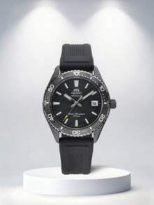 Reloj de buceo automático edición limitada 75th Anniversary de ORIENT - Resistente al agua 200m, esfera negra con luminiscencia, correa de goma, modelo RA-AC0Q05P10B - Negro - Ver 1