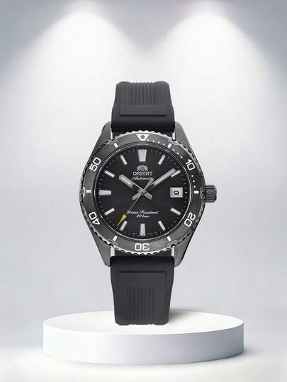  Reloj de buceo automático edición limitada 75th Anniversary de ORIENT - Resistente al agua 200m, esfera negra con luminiscencia, correa de goma, modelo RA-AC0Q05P10B