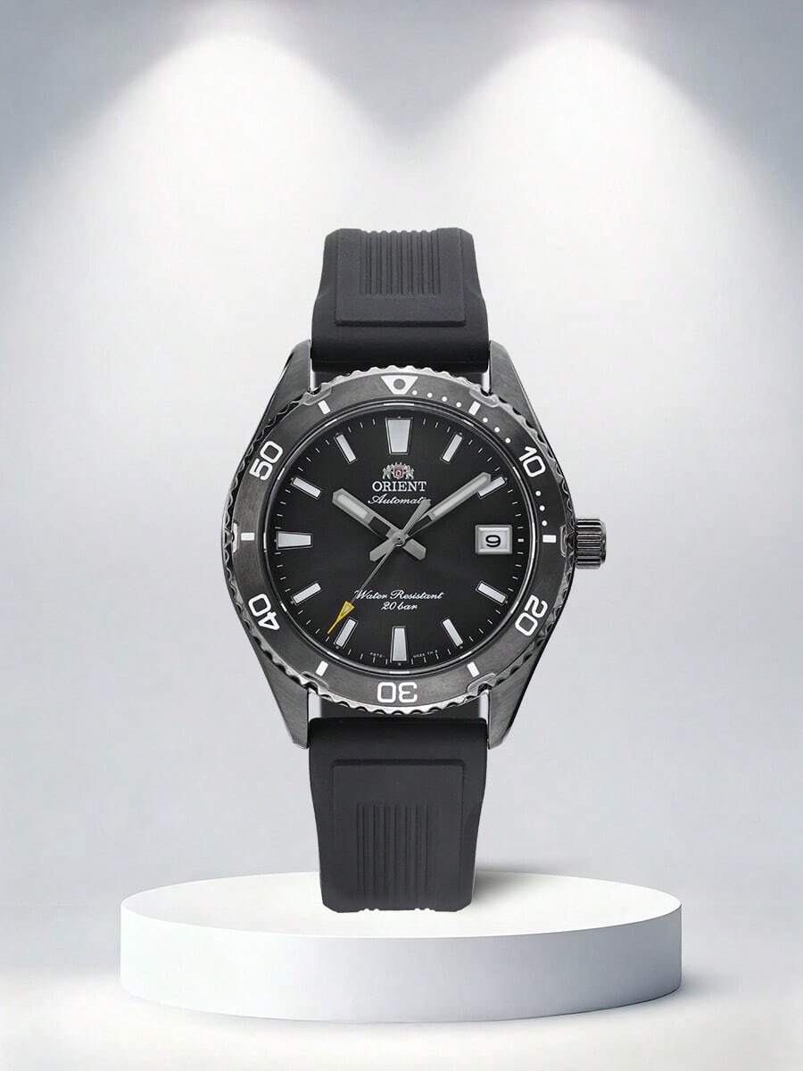 Reloj de buceo automático edición limitada 75th Anniversary de ORIENT - Resistente al agua 200m, esfera negra con luminiscencia, correa de goma, modelo RA-AC0Q05P10B - Negro - Ver 1