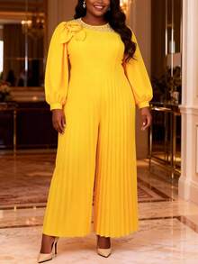 Plus Size Women's Yellow Ruched Jumpsuit, Long Sleeve Round Neck Bishop Sleeve, 3D Pearl Rose Decor Knit Fabric, Party Dress - Yellow - View 9