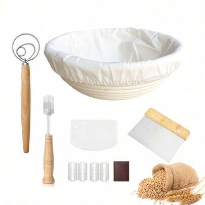 9-Inch Round Rattan Proofing Basket Set, Includes Rattan Bread Basket With Cloth Liner, Dough Scraper, Bread Lame, And Baking Tools. Home Sourdough Baking Set: Rattan Proofing Basket + Tool Kit, Suitable For Homemade Sourdough Bread Fermentation.