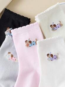 5 Pairs Women's Cute Puppy Patterned Lace Trim Mid-Calf Socks, Versatile & Suitable For Daily Wear - Multicolor - View 8