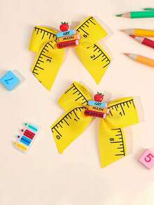 2Pcs Elegant Hair Bow Clips | Colorful Fabric Ruler & Apple Design, Perfect For Back To School And Daily Wear - Multicolor - View 10