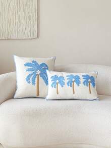 1 pieza Funda de cojín decorativa con bordado minimalista moderno de árbol de coco en color azul, adecuada para decoración interior, funda de cojín para todas las estaciones, sin incluir el relleno del cojín - Azul - Ver 2