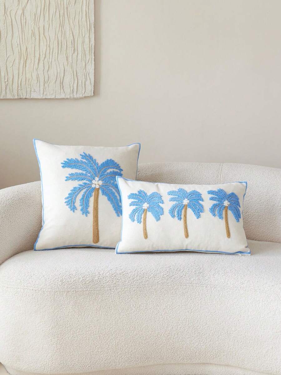 1件蓝色简约现代刺绣椰树装饰枕套，适合室内装饰，四季皆宜，不含枕芯