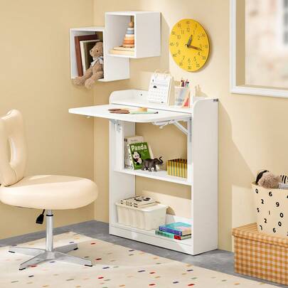 SoBuy Folding Office Desk, Computer Desk, Workstation With 3 Shelves, White, W64 X D58 X H82cm, FWT92-W